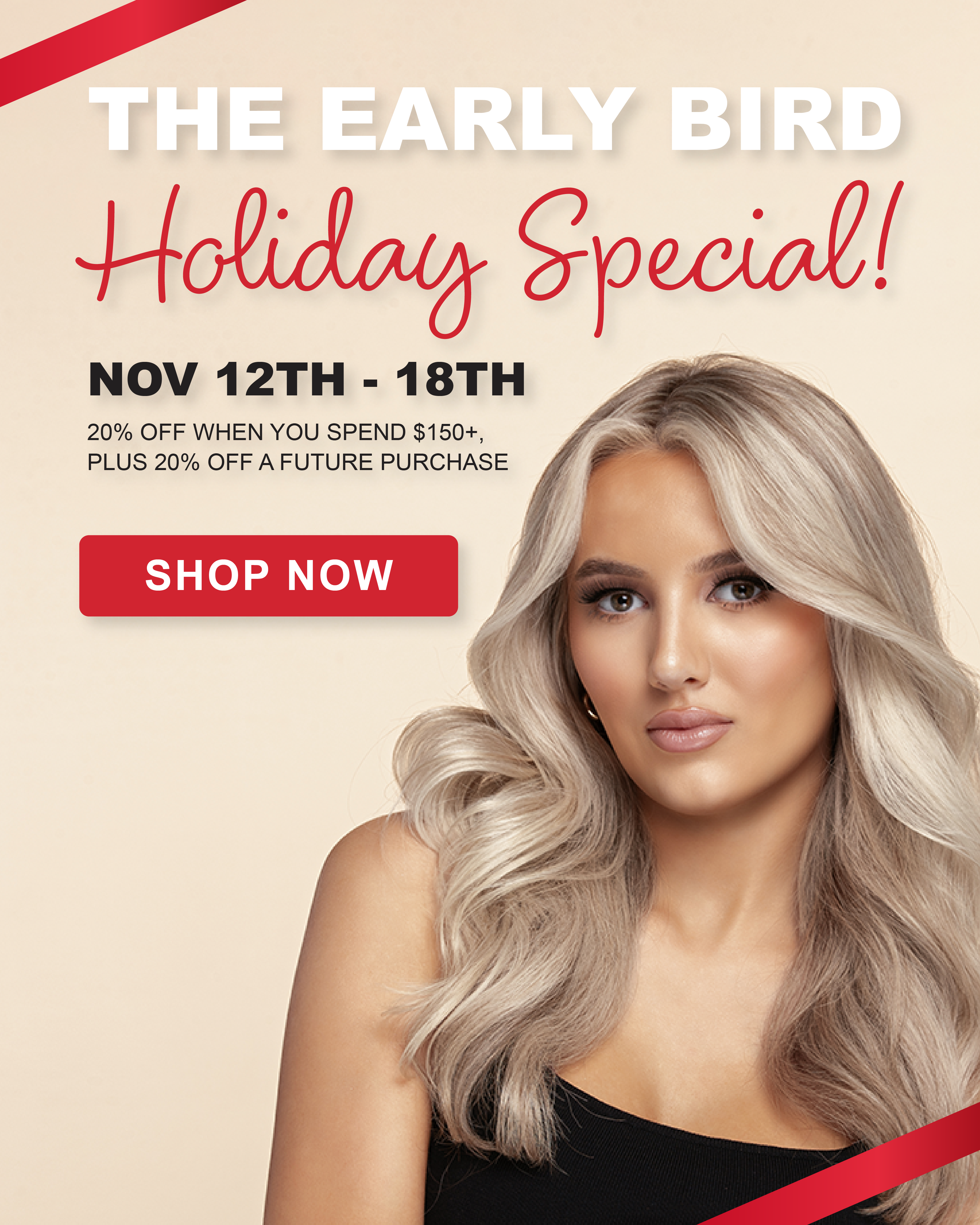 Large banner reads "The Early Bird Holiday Special!" in large letters. The promotion says "20% off when you spend $150 or more, and an additional 20% off a future purchase".